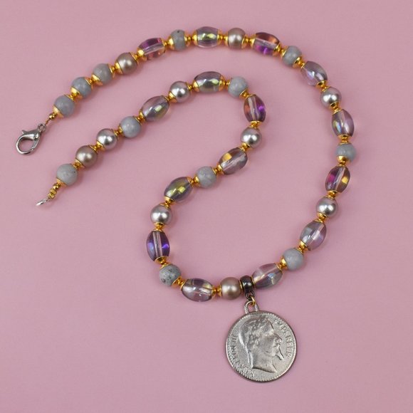 Silver coin charm choker, colorful multi beads and pearl necklace - Picture 1 of 4